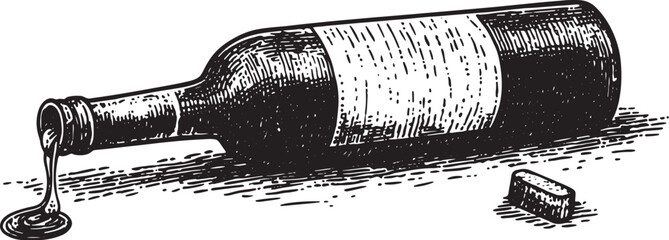 spilled wine from the bottle sketch engraving vector illustration. T-shirt apparel print design. Scratch board imitation. Black and white hand drawn image.