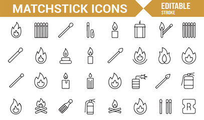 Clean Line Art Matchstick Icons Set for Fire, Light, and Flame-related Elements