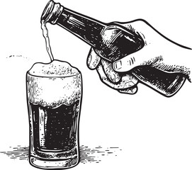 pouring beer from bottle into glass sketch engraving vector illustration. T-shirt apparel print design. Scratch board imitation. Black and white hand drawn image.
