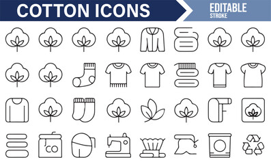 Cotton Icons Collection for Apparel, Sewing Tools, and Clothing Elements in Line Art Style