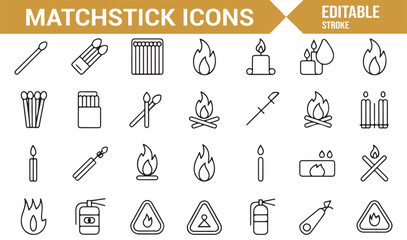 Simple and Elegant Matchstick Icons Featuring Flames, Fire Tools, and Safety Equipment