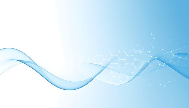 Light blue, flowing, abstract waves over a soft gradient with molecular structures