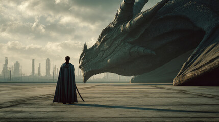 With sword in hand, a mysterious man stands between a looming dragon and a utopian skyline. The artwork captures epic fantasy themes with futuristic and mythological undertones.