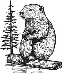 beaver and tree sketch engraving vector illustration. T-shirt apparel print design. Scratch board imitation. Black and white hand drawn image. © Sean