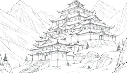 Naklejka premium Majestic asian-inspired palace nestled in a mountainous landscape.