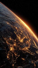 A stunning view of Earth from space at night, showing city lights along the continent with the sun rising on the horizon.
