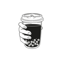Boba tea to go, bubble milk tea, hand-drawn in a lineart style. Illustrations of boba cups for posters, cards, cafe menus, and graphic design.