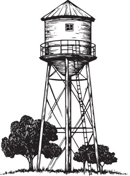 Water tower sketch engraving vector illustration. T-shirt apparel print design. Scratch board imitation. Black and white hand drawn image.
