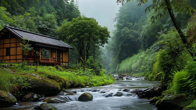 a baboo hut at stream side at green lush mountain valley with mist and cloud 