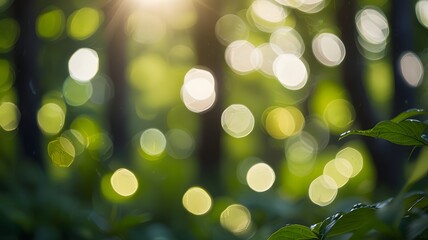 Obraz premium Defocused green nature background with sunlight and bokeh effect, ideal for eco, wellness, or spa design