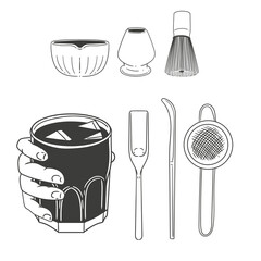 Matcha tea illustration set. Original hand-drawn green tea illustrations featuring matcha brewing utensils, a bamboo whisk, and a Japanese matcha tea brush for posters, cards, and cafes.
