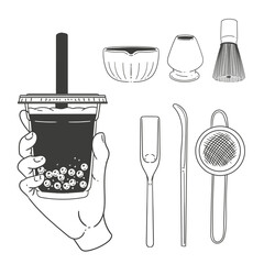 Matcha tea illustration set. Original hand-drawn green tea illustrations featuring matcha brewing utensils, a bamboo whisk, and a Japanese matcha tea brush for posters, cards, and cafes.