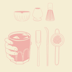 Matcha tea illustration set. Original hand-drawn green tea illustrations featuring matcha brewing utensils, a bamboo whisk, and a Japanese matcha tea brush for posters, cards, and cafes.