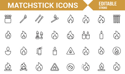 Matchstick Icons Collection Featuring Flames, Matches, and Fire Safety Tools