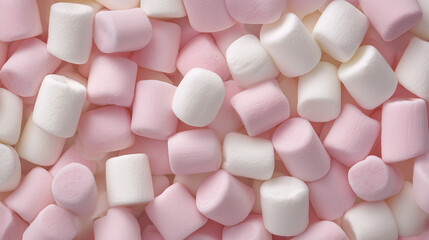 白とピンクのマシュマロがランダムに並べられた柔らかな質感の接写ビジュアル。お菓子やカフェ、ふんわりした雰囲気のイメージ素材に適したビジュアル。

