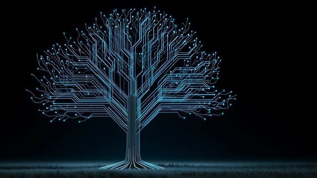 hi-tech electronic tree growing from circuit lines, neon blue glow, abstract tech nature fusion, cinematic light pulses, clean dark background