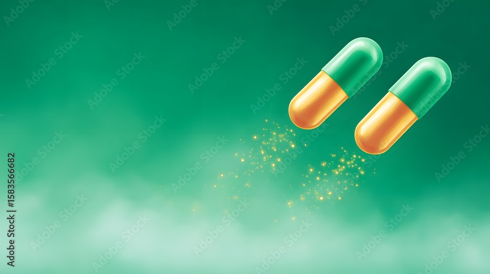 Poster colorful capsules with particles floating in a soft green background.