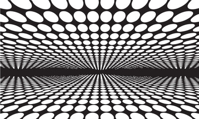 Abstract black and white perspective illustration with elliptical pattern and symmetrical design