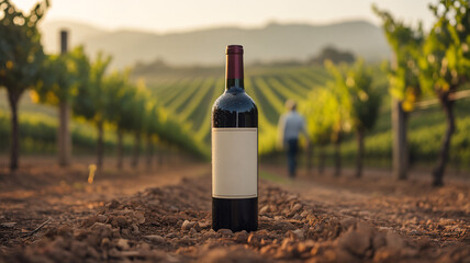 Fototapeta premium Wine Bottle in Vineyard, Scenic Landscape, Photography, Serene Environment, Close-Up View of Nature