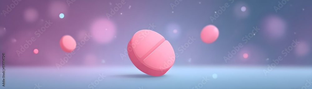Poster a pink pill floating on a gradient background with soft bokeh effects.