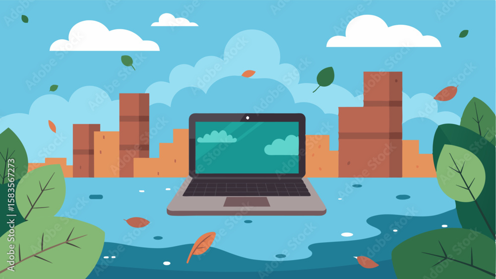 Poster the cool breeze rustles through the trees while a laptop sits atop a rough and weathered dock offeri