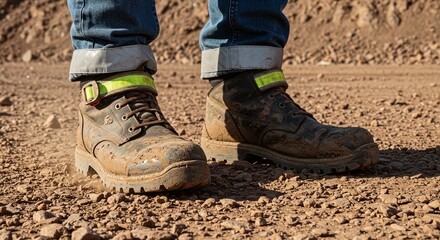 Work Booted Feet Standing on Rocky Ground in Outdoor Construction Site