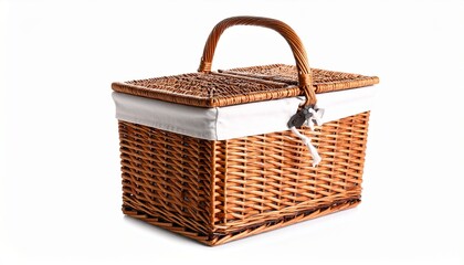 A woven wicker picnic basket with leather straps and a sturdy lid—resting against a soft white backdrop—evokes themes of nostalgia, handcrafted care, and the quiet romance of preparedness