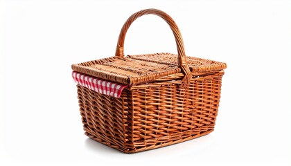 A woven wicker picnic basket with leather straps and a sturdy lid—resting against a soft white backdrop—evokes themes of nostalgia, handcrafted care, and the quiet romance of preparedness