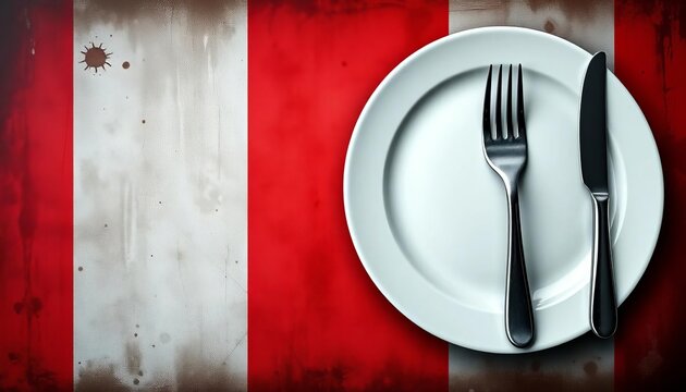Grungy Italian flag backdrop with a place setting of fork, knife, and plate, cuisine, patriotic
