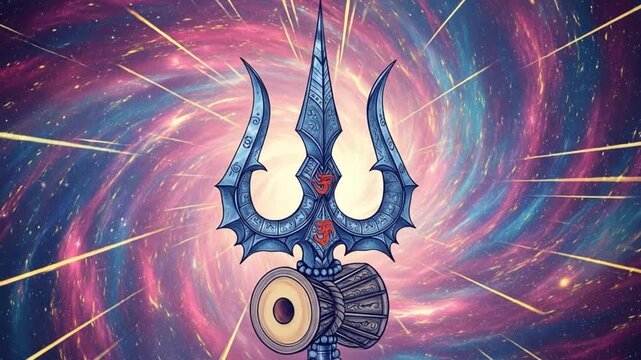 Mystical Trident (Trishula) with Damaru Against a Vibrant Cosmic Swirl and Starburst, Spiritual Symbolism and Divine Energy