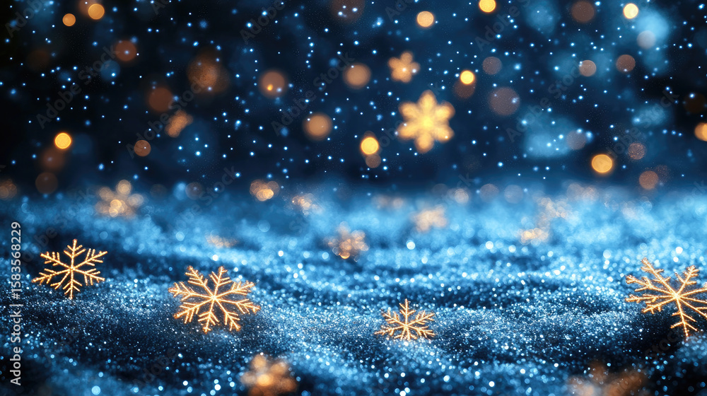 Poster snowflakes on shimmering blue background with bokeh lights creating a magical winter atmosphere for 