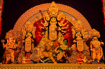 Howrah, West Bengal, India- 11.10.2024 : Beautifully decorated Durga idol is being worshipped...
