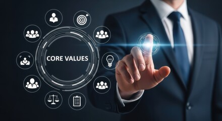 Businessman touching core values interface with icons suit