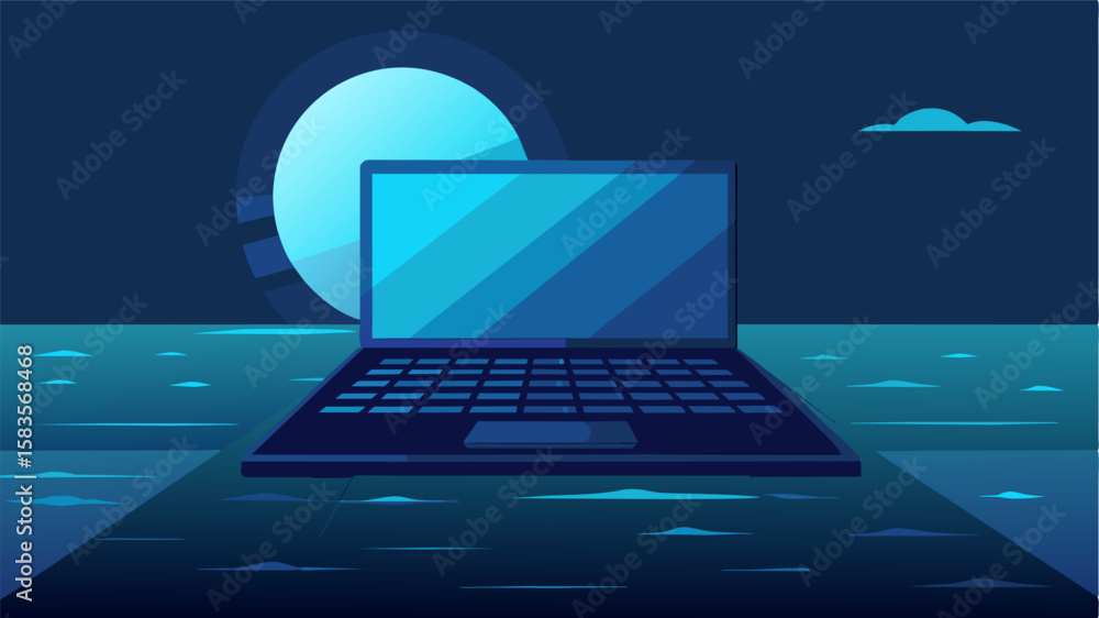 Poster the laptops keyboard glows in the moonlight casting an otherworldly reflection on the surface of the