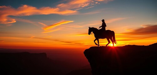 Silhouetted horse and rider on cliff edge, fiery sunset, golden hour, desert
