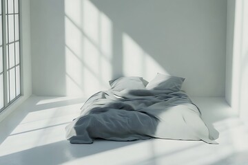 Cozy Bed in White Room with Sunlight Through Window, Minimalist Style