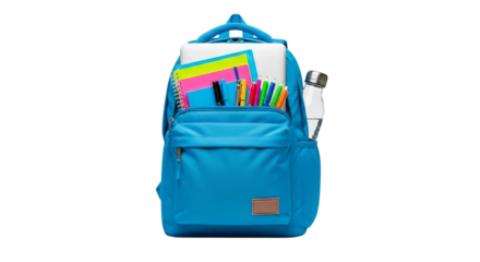 Illustration of a blue backpack filled with school supplies isolated on transparent background
