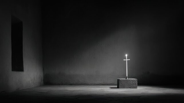 A grayscale image of a sword-shaped cross in a dimly lit room