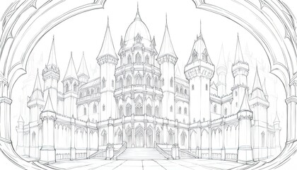 Detailed architectural sketch of a large fairytale castle.