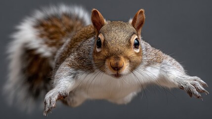 Obraz premium A squirrel launches into the air with outstretched paws, showcasing its agility and grace in mid-flight against a neutral background