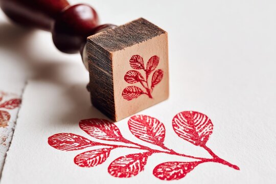 Wooden stamp with red leaf print on white paper