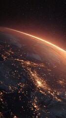 A stunning view of Earth from space at night, showing city lights and a glowing horizon beneath a star-filled sky.
