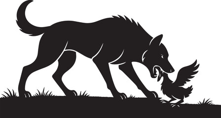 a black and white silhouette of a powerful dog is eating a duck