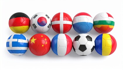 Eight soccer balls adorned with national flag motifs—ranging from Canada's maple leaf to Argentina's sky-blue band—arranged in two tidy rows on a white surface, echoing the global unity