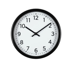 Classic analog wall clock with a black rim, white face, bold black numerals, and sharp black hands showing 10:10, isolated on a seamless transparent background, precision timekeeping product shot