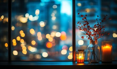 Cozy evening scene with candles and flowers against a blurred cityscape at night