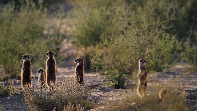 Small group of Meerkat in alert backlit at twilight in Kgalagadi transfrontier park, South Africa; specie Suricata suricatta family of Herpestidae