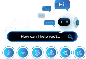 Futuristic AI virtual assistant for customer service, chatbot technology, says Hi and includes options buttons. Futuristic smart search automation, AI chatbot, digital business support, futuristic AI.