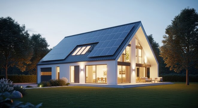 Modern smart housing concept with illuminated solar energy features.
