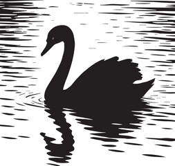 a black and white silhouette of a swan is swimming on the river